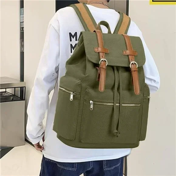 Retro Backpack Leather Trim Casual Light Green - Picture 4 of 6